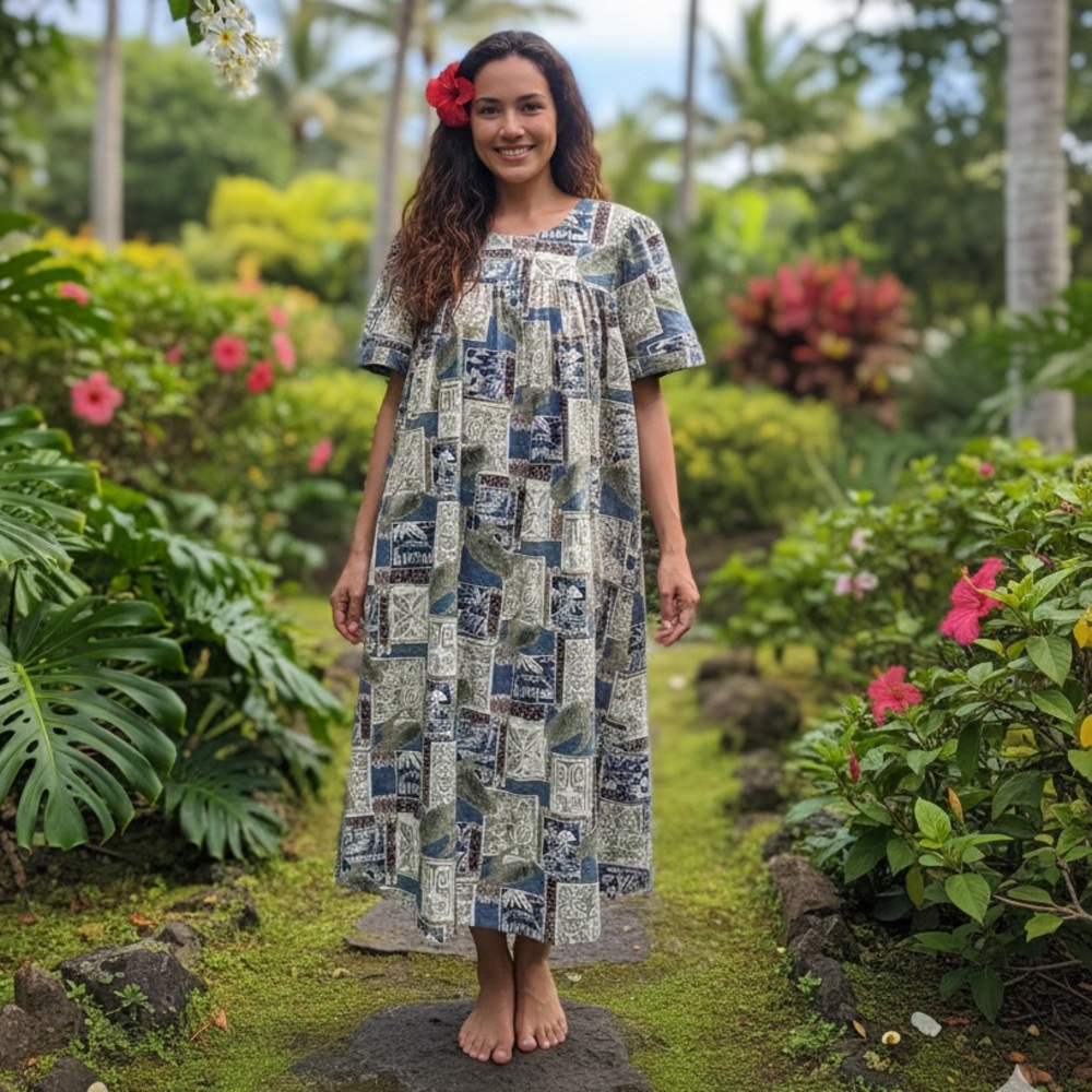 Aloha Mo'i Hawaii Vintage Blue Sea Turtle Honu Tapa Print Muu Muu Dress - Small